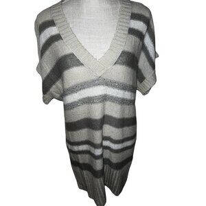 Striped Knit Short-Sleeve Tunic Sweater With V-Neck Beige Gray M&S Size M